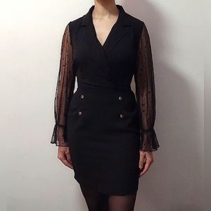 Black Mini Blazer Dress – Waist Tie & Sheer Sleeves
